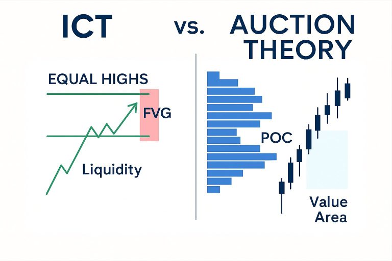 Side-by-side comparison of ICT trading concepts and Auction Theory. The ICT side shows equal highs, liquidity, and a Fair Value Gap. The Auction Theory side shows a volume profile, Point of Control (POC), and value area with candlestick chart.