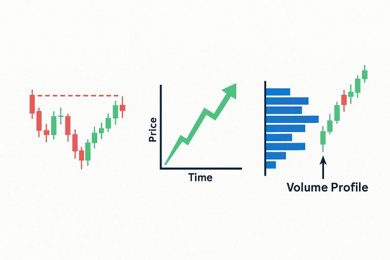 Three-part illustration comparing classic candlestick charts, a time-based price trend, and a volume profile chart, showing market microstructure concepts.