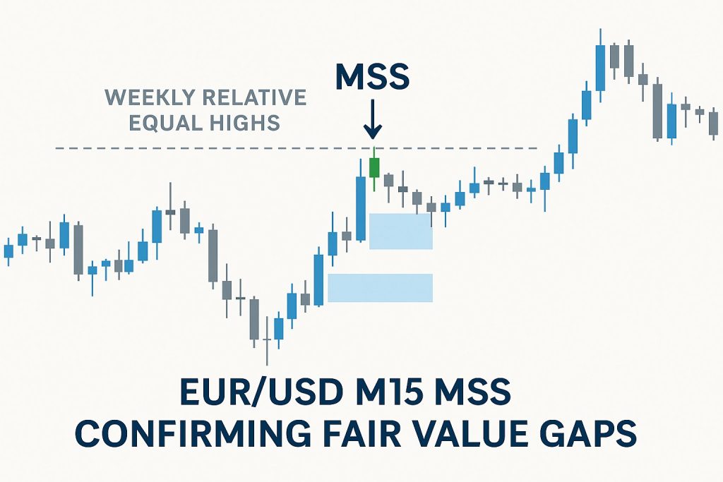 EUR/USD M15 chart showing Market Structure Shift (MSS) with Fair Value Gaps and Weekly Relative Equal Highs.