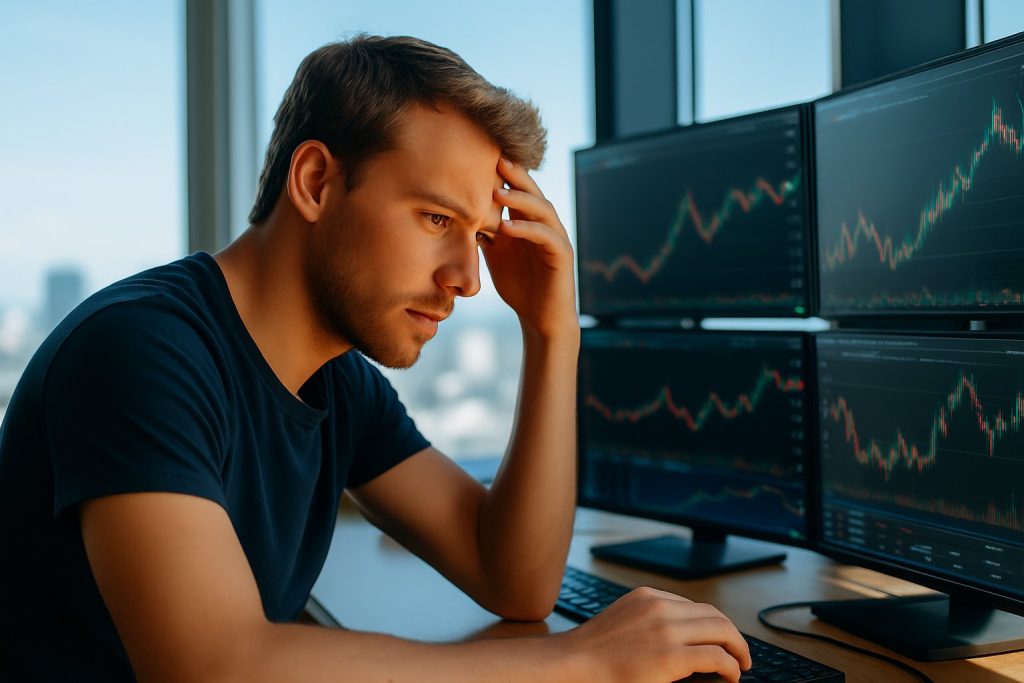 Focused male trader at workstation with multiple trading monitors and soft daylight.