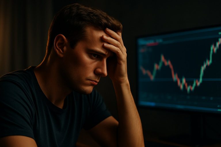 Trader experiencing frustration while looking at trading charts after a losing trade