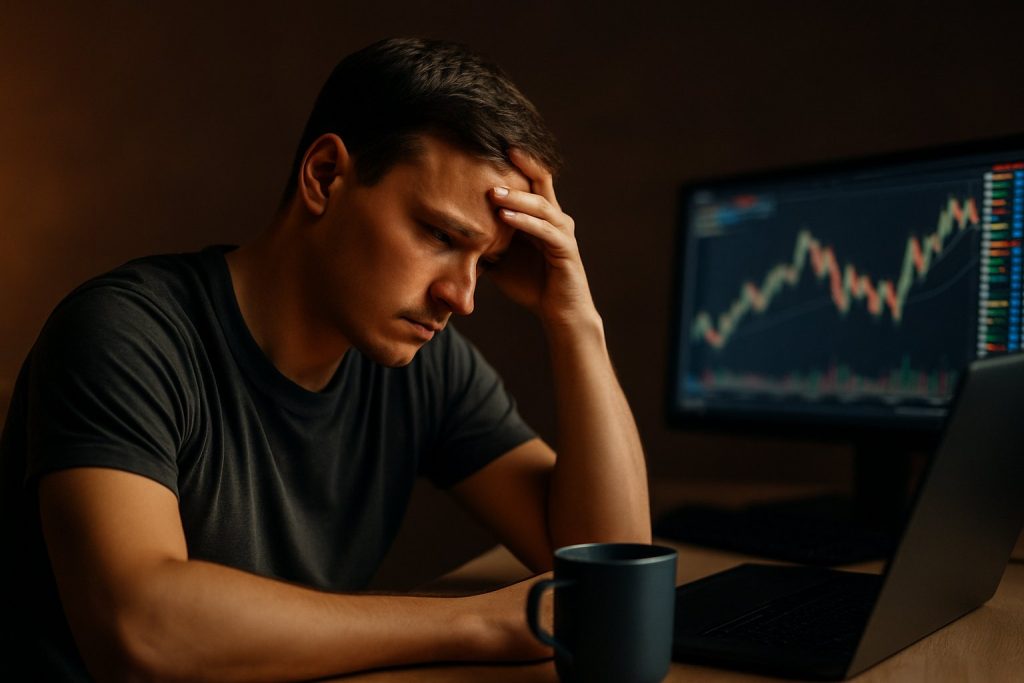 Frustrated trader sitting at his desk staring at trading charts with a laptop and coffee mug