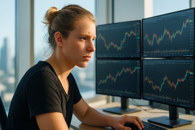 Focused young trader analyzing candlestick charts on multiple monitors in a sunlit room with soft blue tones