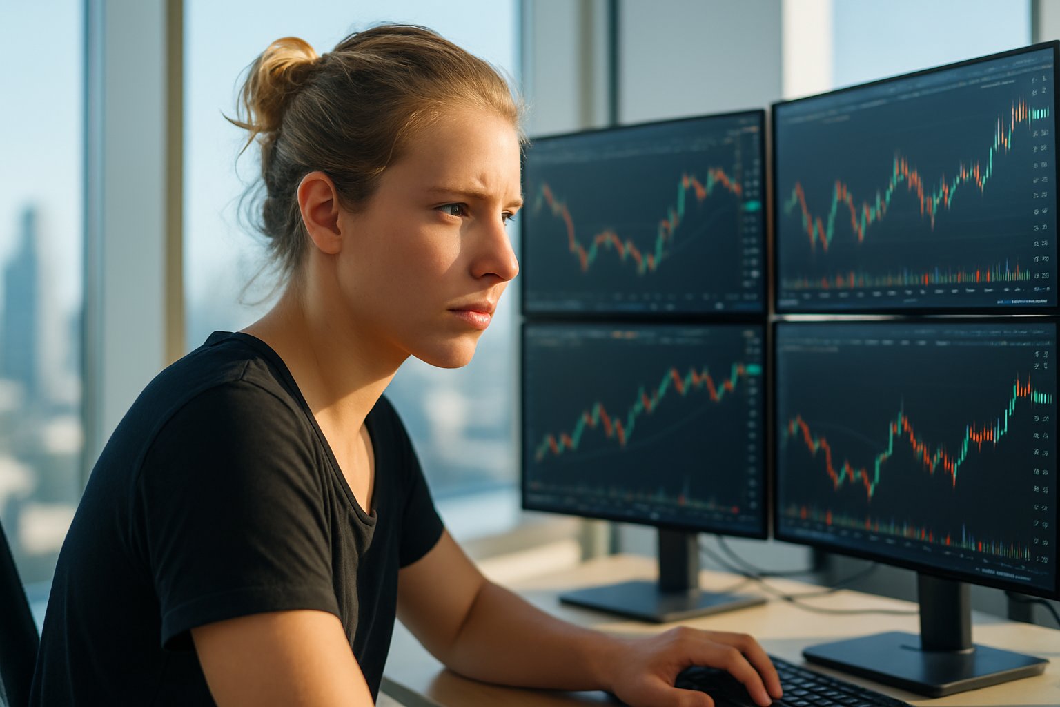 Focused young trader analyzing candlestick charts on multiple monitors in a sunlit room with soft blue tones