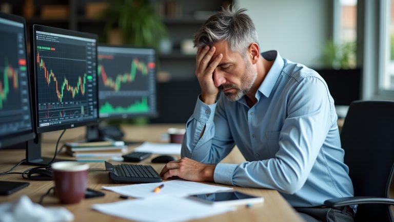Stressed trader sitting at desk after a loss, surrounded by multiple monitors showing trading charts – illustrating revenge trading.