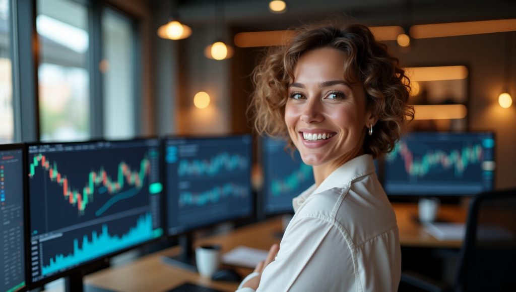Confident female trader smiling in front of multiple monitors showing trading charts after overcoming revenge trading patterns.
